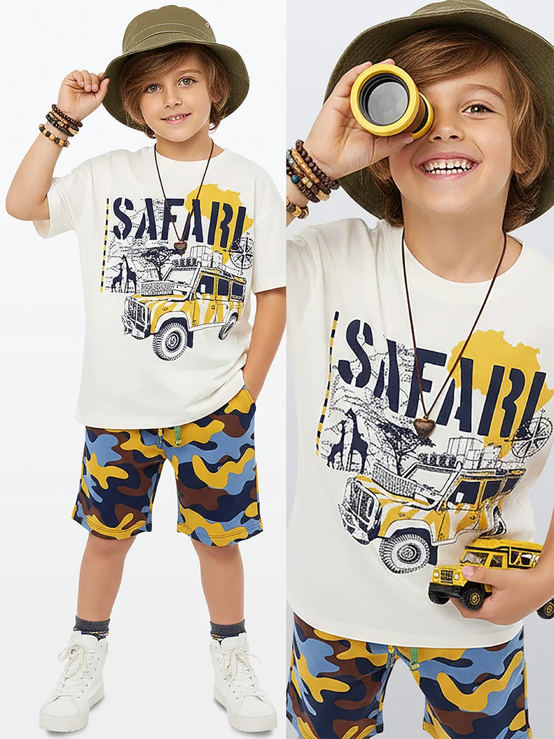 دينوكيدس طقم أولاد تي شيرت قطن بطبعة سفاري وشورت مموه